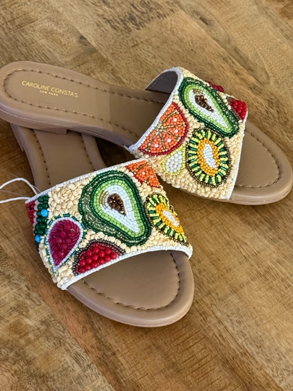 Caroline Constas Tan Slide Sandals with Multicolor Beaded Fruit Motif